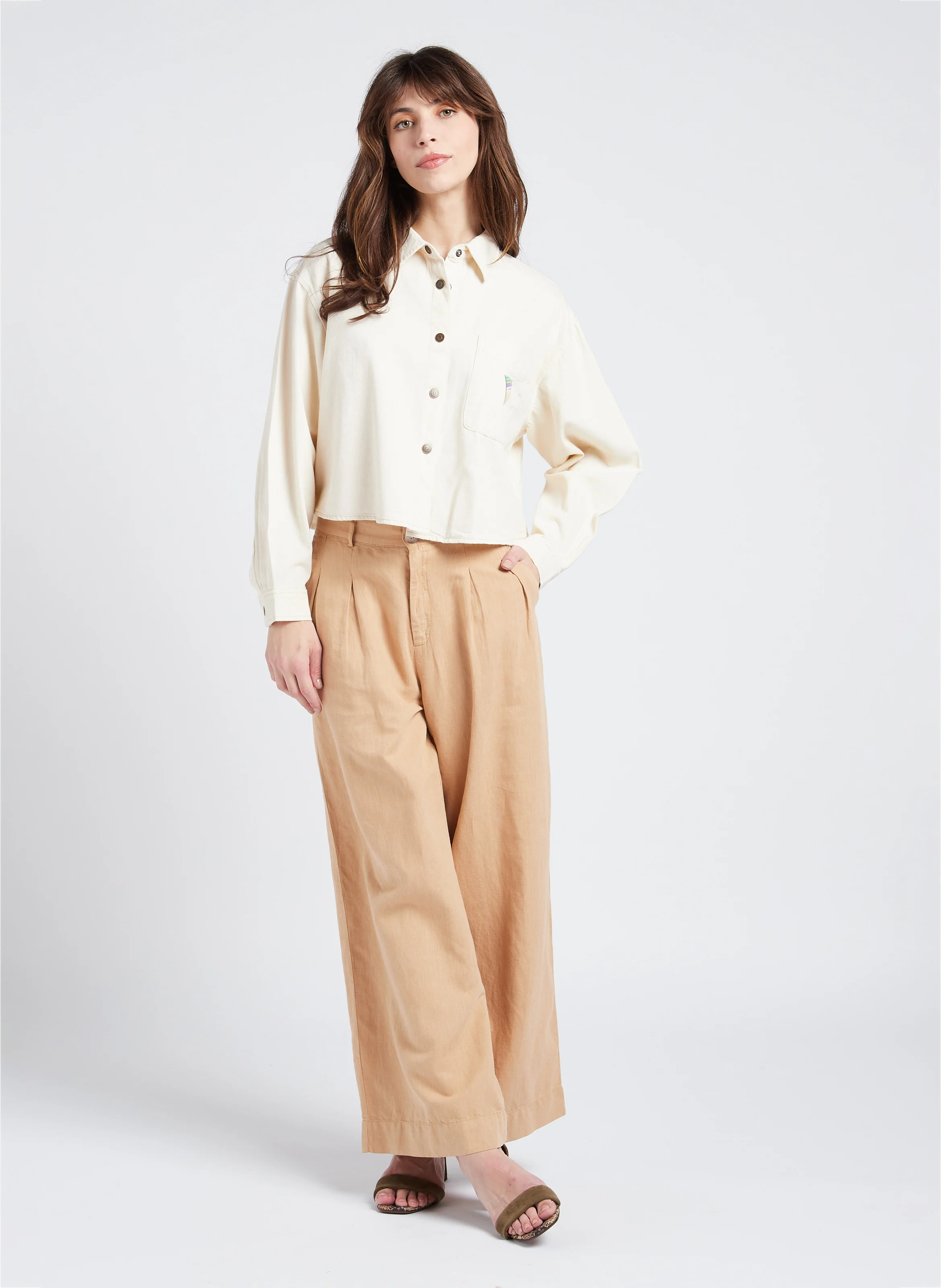 TIRABAY - Chemise courte ample col classique en coton | Beige