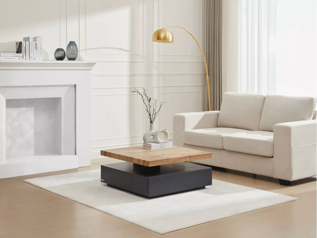 Table basse pivotante avec 1 tiroir en MDF - Anthracite et naturel - KYRIA