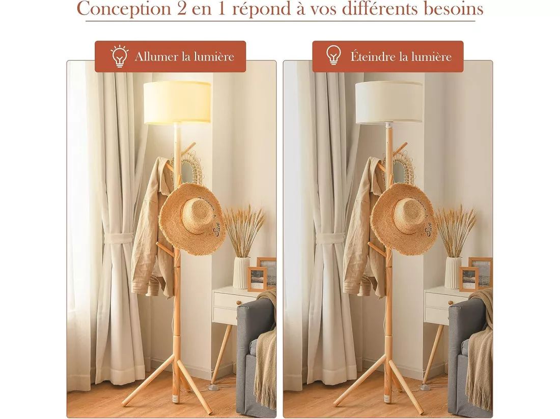 Lampe sur pied 185cm 2 en 1 porte manteau en bois avec 6 crochets