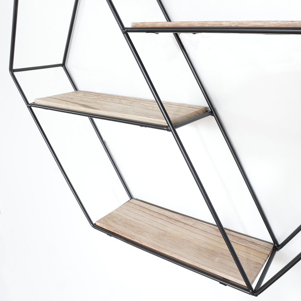 Etagère murale en métal noir 3 étagères en bois - diagonale hexagonale