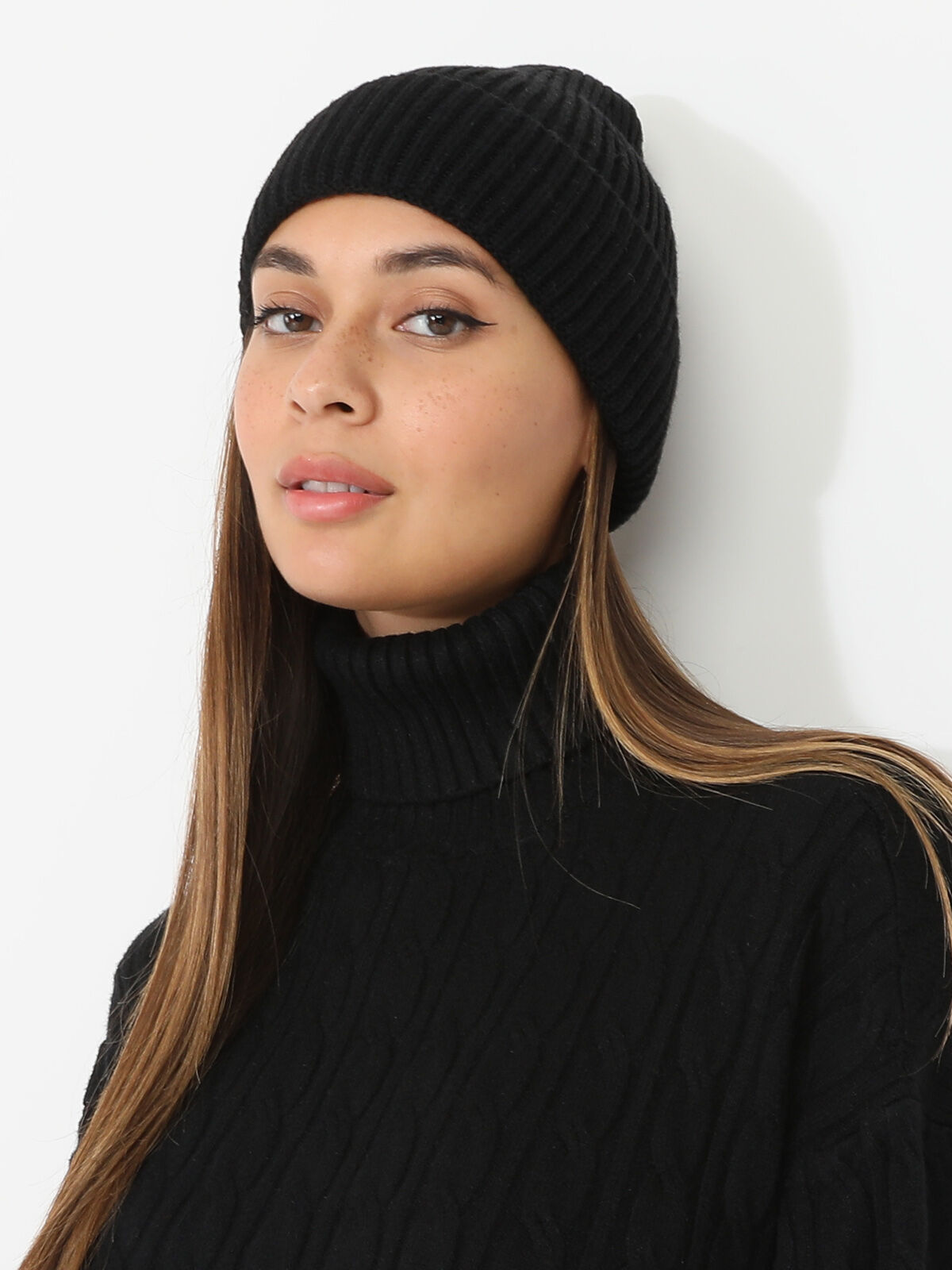 Bonnet maille côtelée à revers- Noir