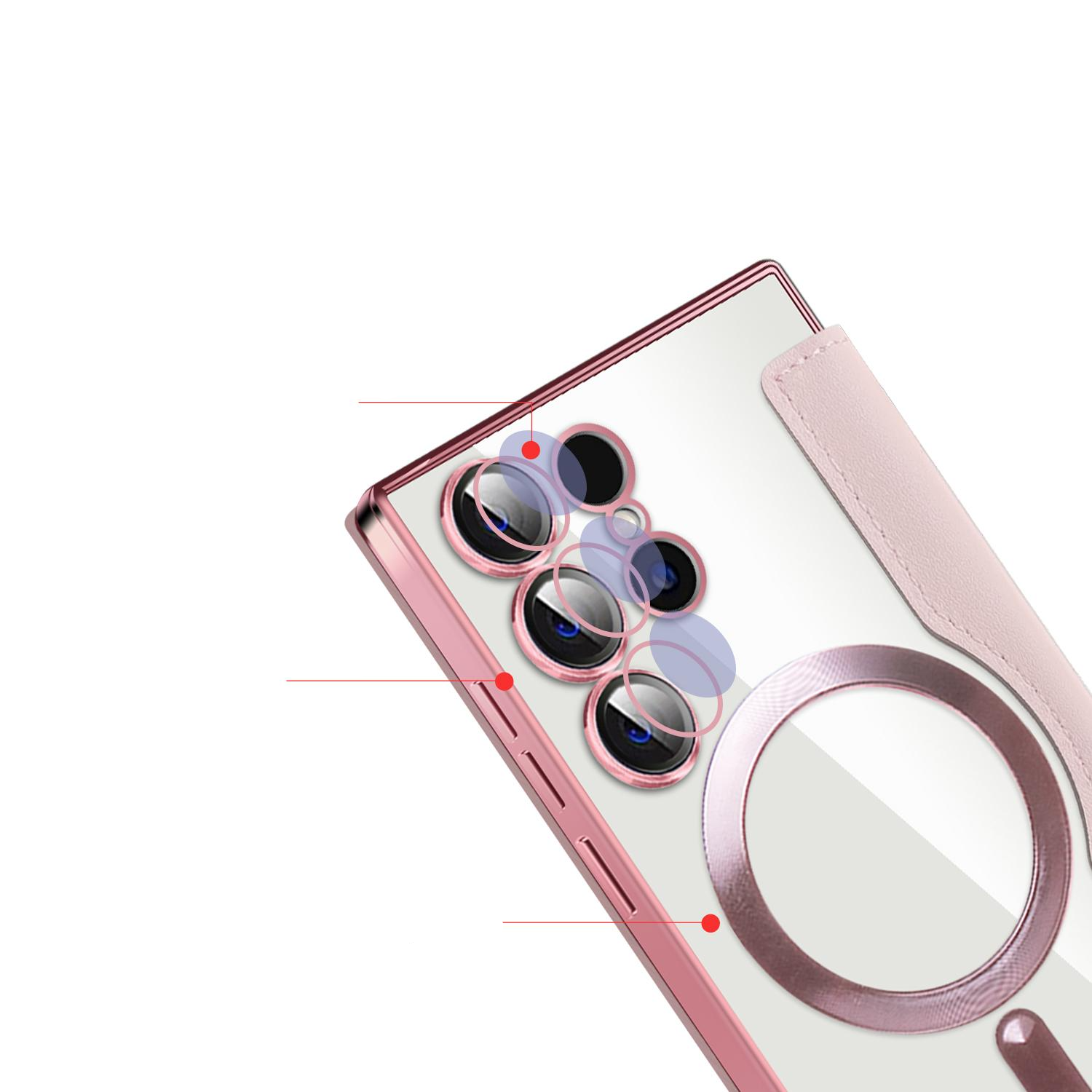 Samsung Galaxy S24 Ultra Hybrid Leder Tasche   Kunststoff Rückseite MagSafe-Modul - Rosa / Transparent