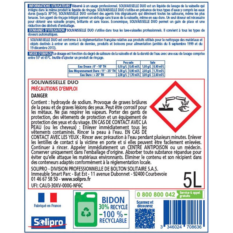Liquide vaisselle machine et rinçage Solivaiselle Duo - Bidon de 5 L