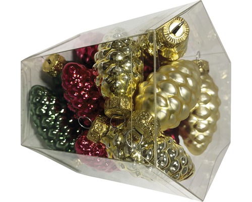 Decoratieve dennenappelhangers Lafiora Ø 6 cm goud rood groen 16 st.