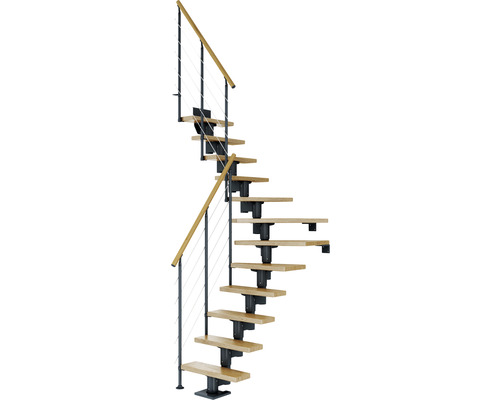 Pertura Spiros Antraciet Middentrap, Kwartslag, Linksonder/Rechtsonder 75 cm, Eikenhouten Leuning, 11 Treden / 12 Stijgers