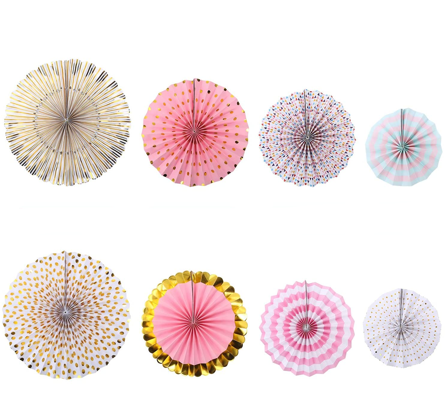 (8er Set) Papier Fächer Deko Rosetten Party / Geburtstag / Hochzeit - Rosa / Gold