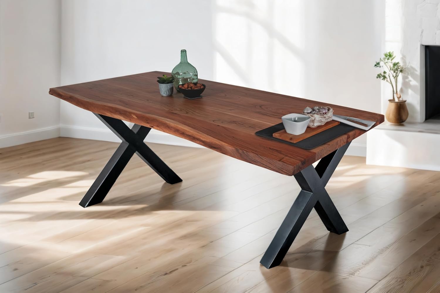SAM Esstisch 200 x 100 cm Tomaso, Baumkantentisch nussbaumfarben, Akazienholz massiv, X-Gestell aus Metall Schwarz, echte Baumkante
