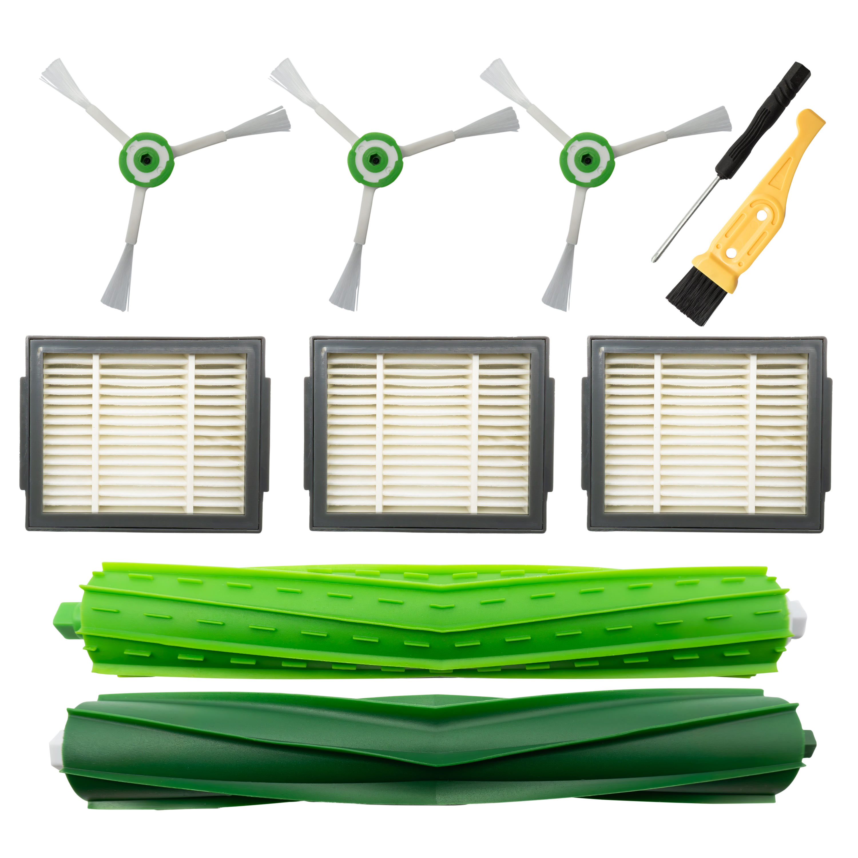 (13-tlg. Set) Ersatz Seiten Bürsten / Hepa Filter / Lamellen Reinigungs Kit für iRobot Roomba Staubsauger Roboter - Grün