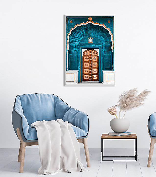 Toile imprimée porte bleu et or l.60 x H.90 cm