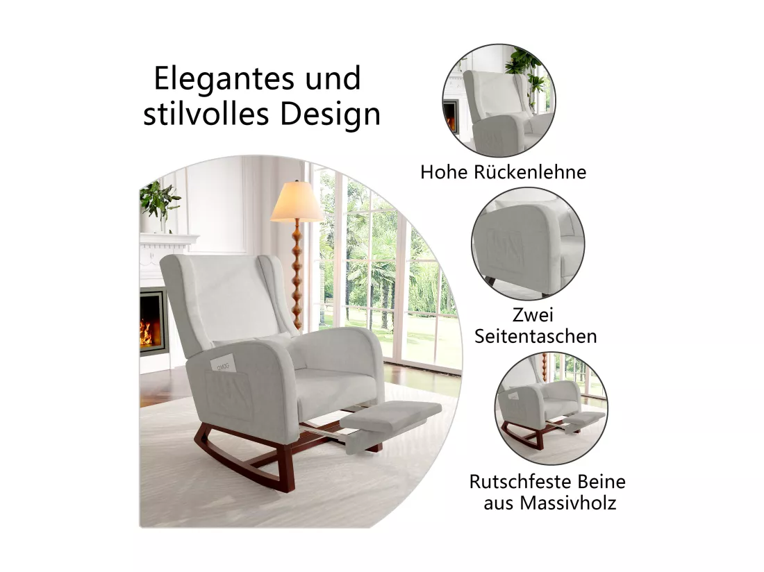Fauteuil à bascule, Chaise à Bascule avec Repose - Jambes Rétractable Chaise avec Dossier Haut en Bois Massif Chaise Berçante pour Salon, Chambre, Jusqu'à 150 kg - Gris