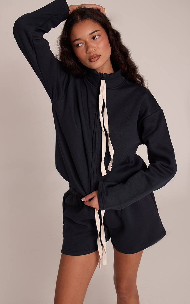 Bleu Marine Sweat-shirt À Col Cheminée Avec Cordon De Serrage Contrasté