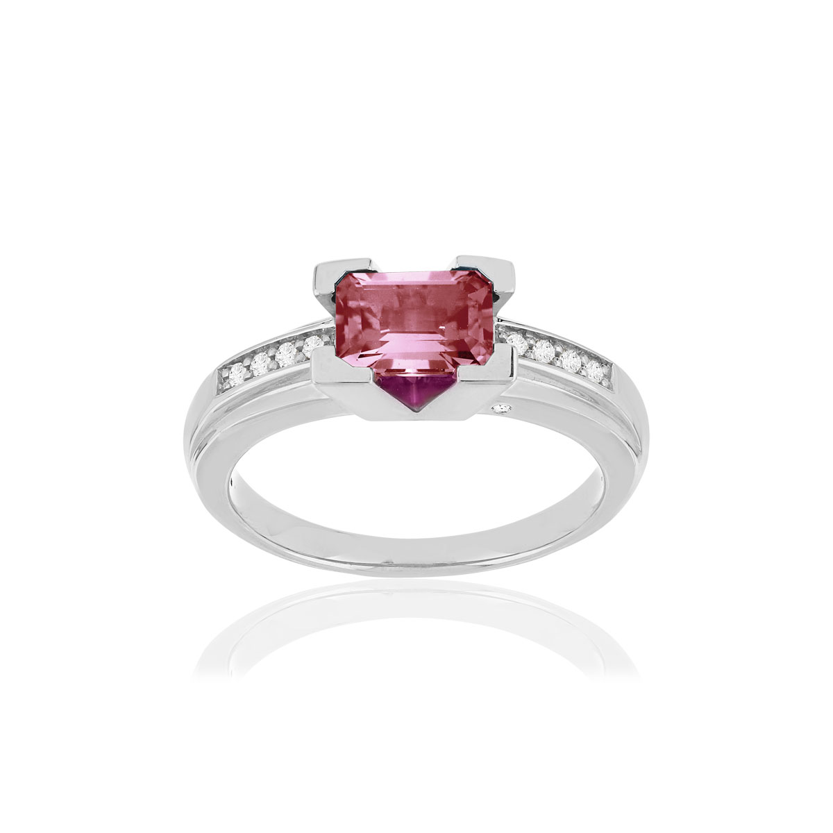 Bague VAN BRILL or blanc 750, tourmaline rose, diamants.