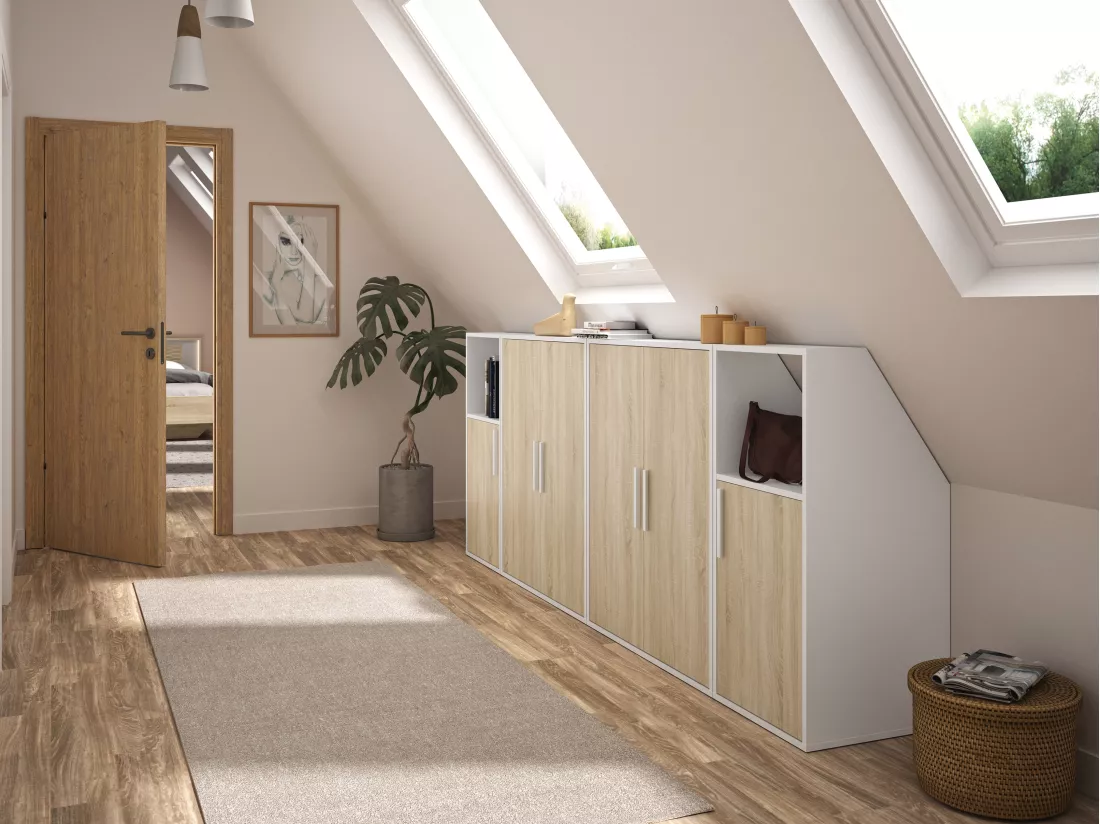 Armoire sous pente 2 portes - Blanc et naturel - ADEZIO