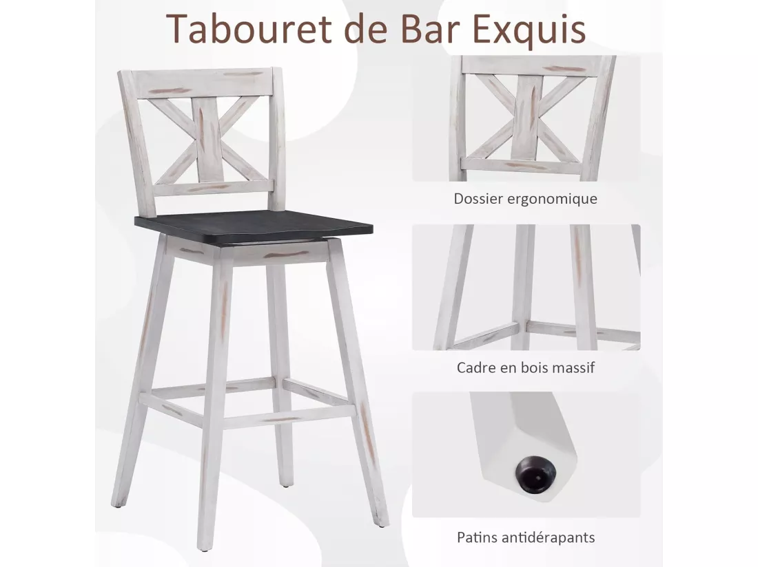 Lot de 2 tabourets de bar, chaise de bar pivotant à 360° en bois d'hévéa avec dossier et repose-pieds