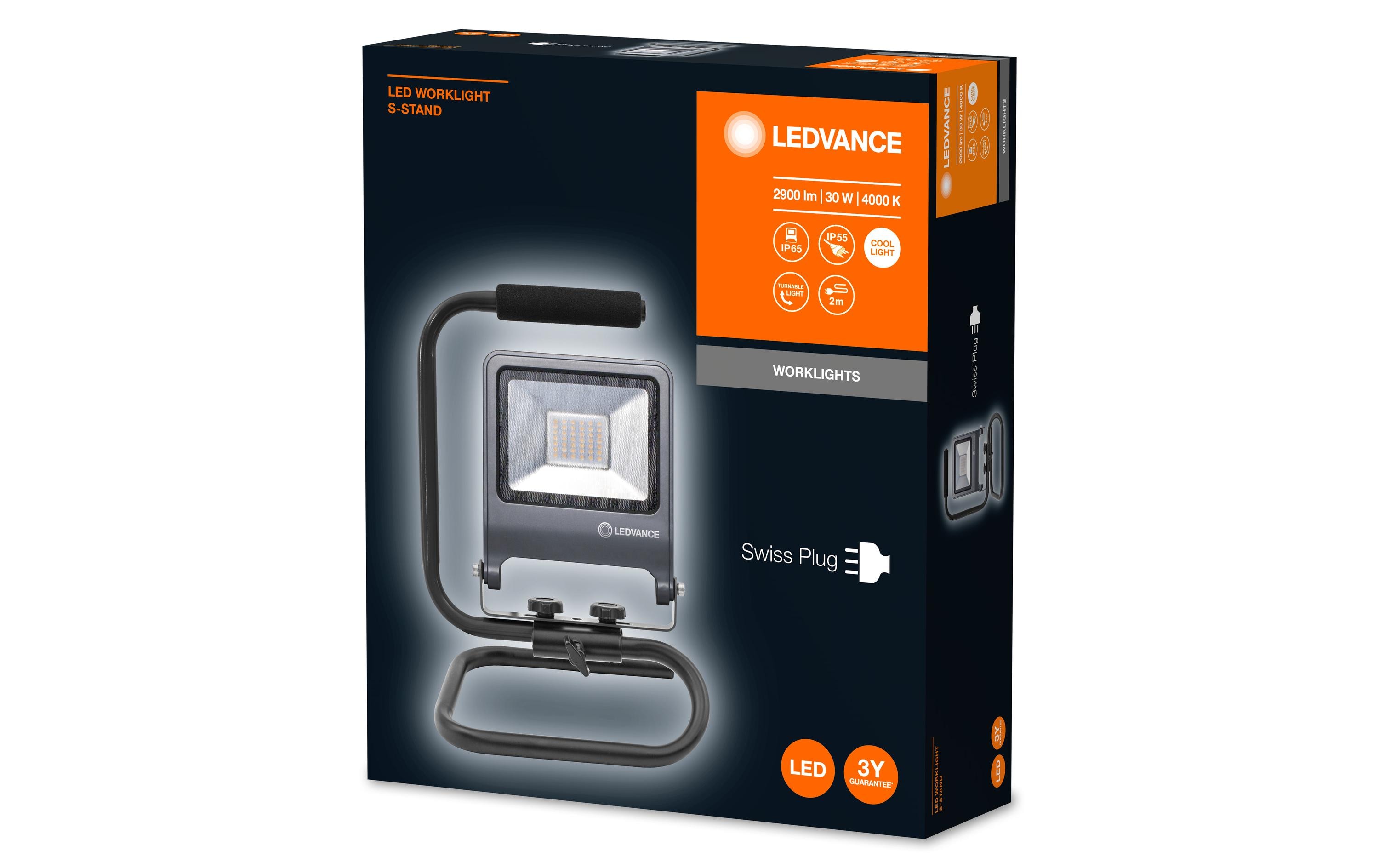 Scheinwerfer Worklight S-Stand CH Plug, 30 W, 4000K, 2700lmFlexibles, tragbares Arbeitslicht mit Stecker-Typ J (SEV 1011)