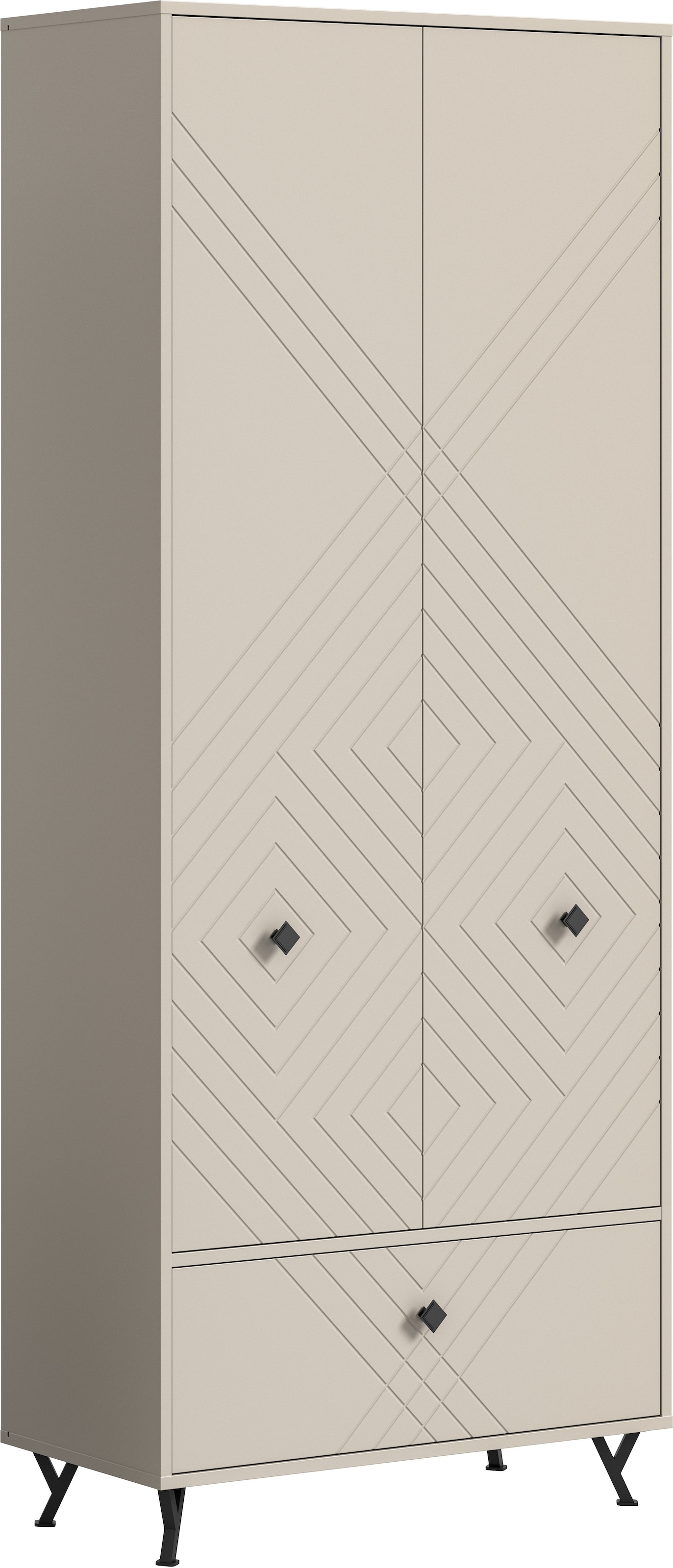 INOSIGN Garderobenschrank »Mento, Höhe 190cm, 2 Türen, 1 Klappe, 4 Einlegeböden, 6 Fächer« Metall Knopfgriffe & Y-Füsse, Front mit Ornamentfräsung, Kleiderschrank