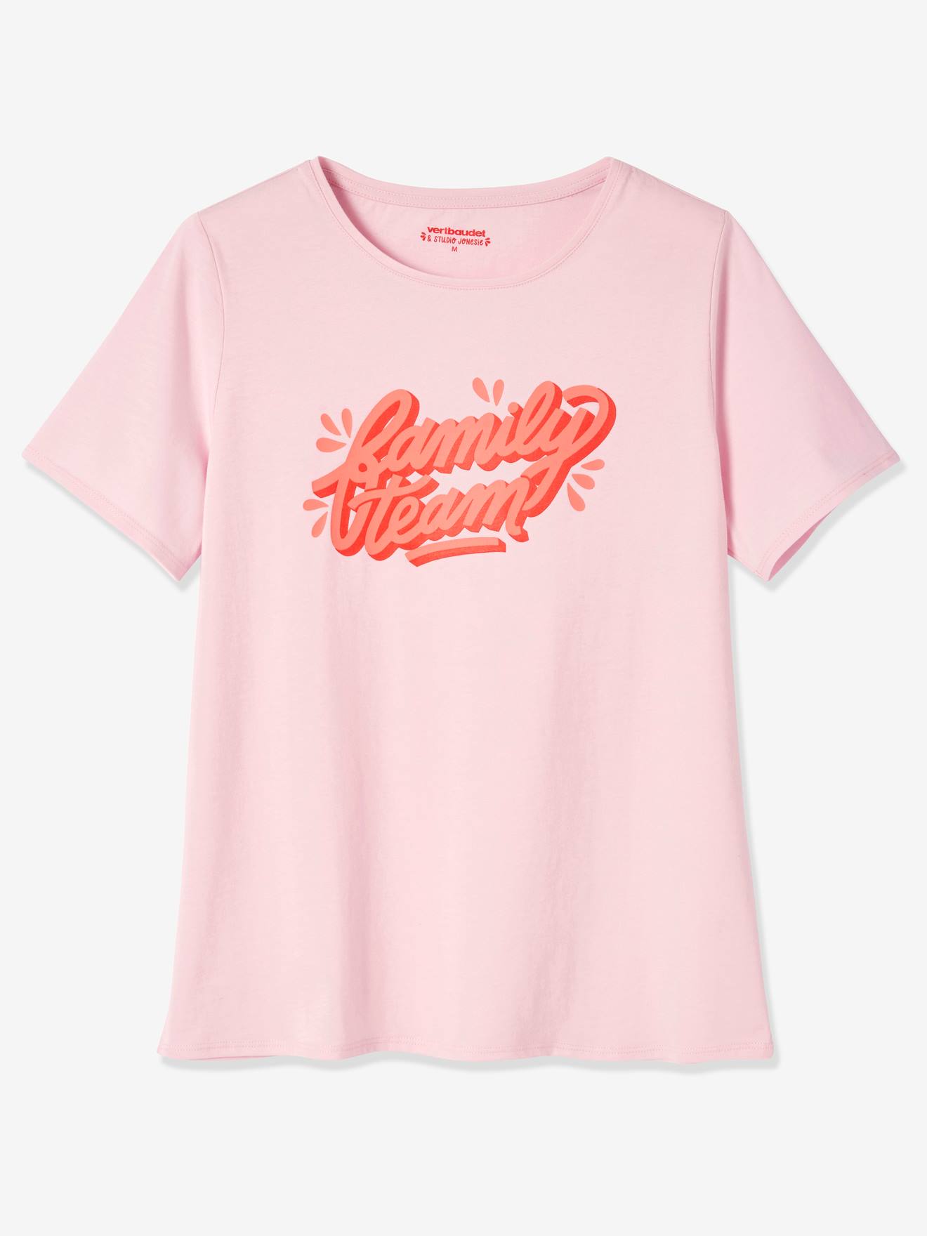 Camiseta Family Team da coleção cápsula Vertbaudet e Studio Jonésie, feita de algodão orgânico. Rosa claro liso com estampas.