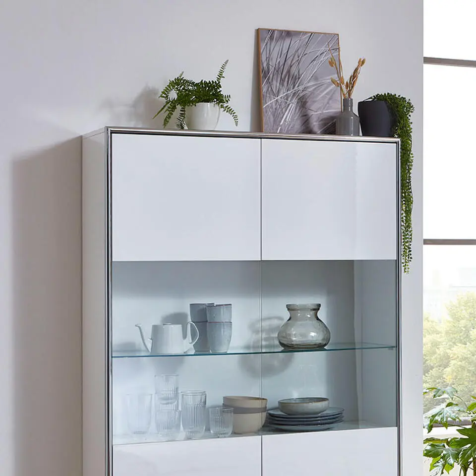 Hioshop Kenan vitrinekast 2 deuren- 1 lade wit hoogglans gelakt