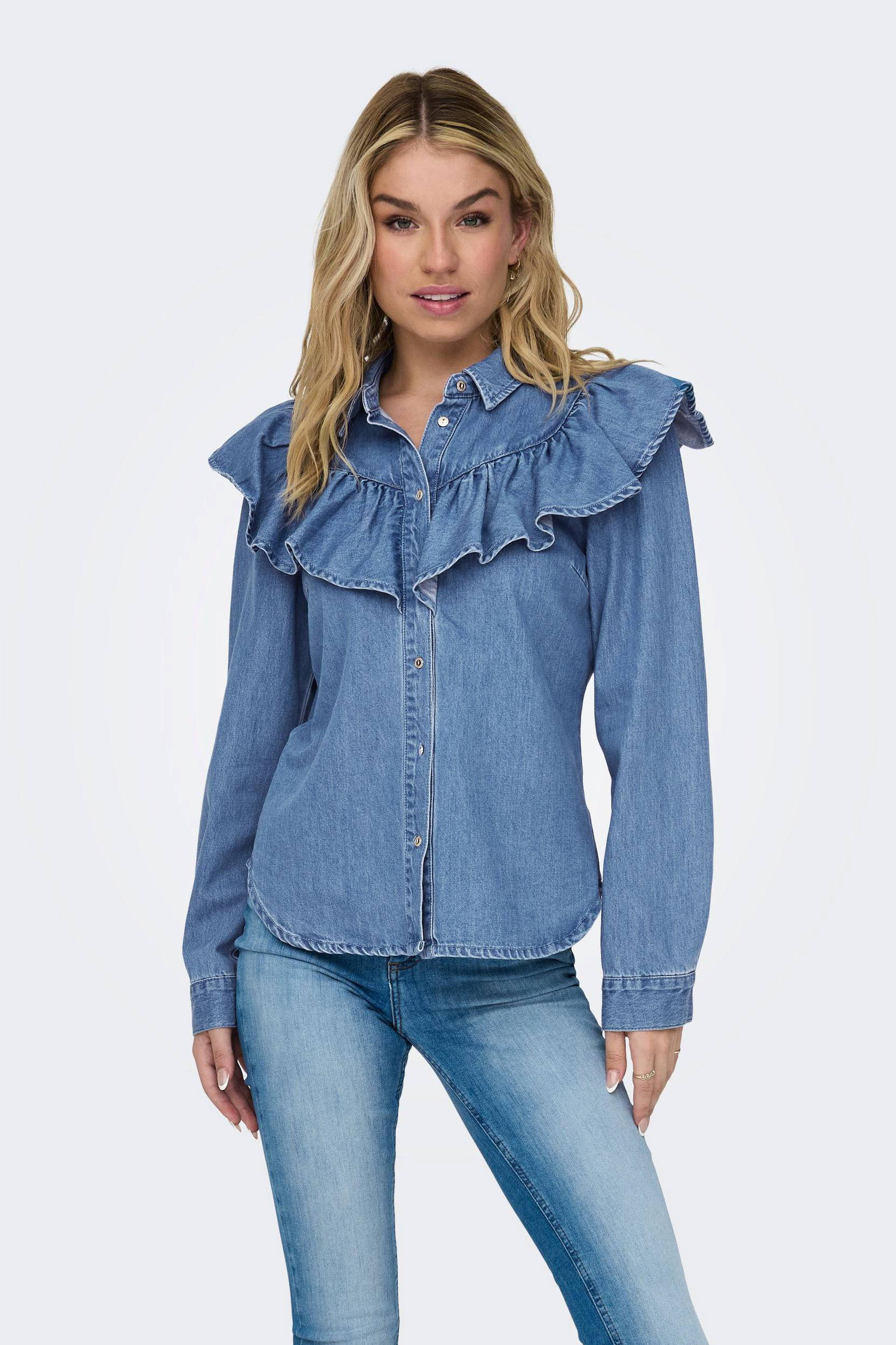 ONLY blouse ONLINDIGO met volant light blue denim