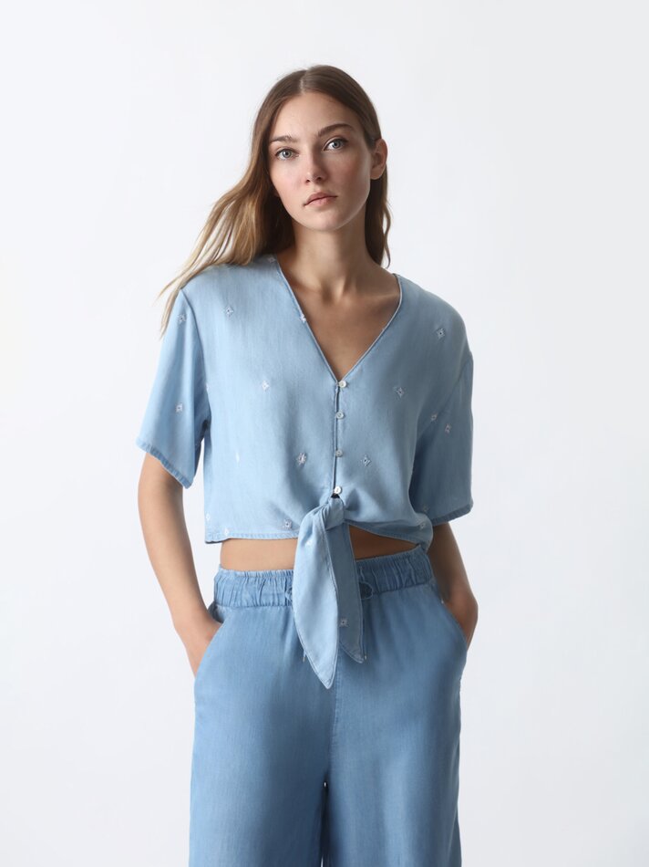 Calças culote em denim leve - Índigo