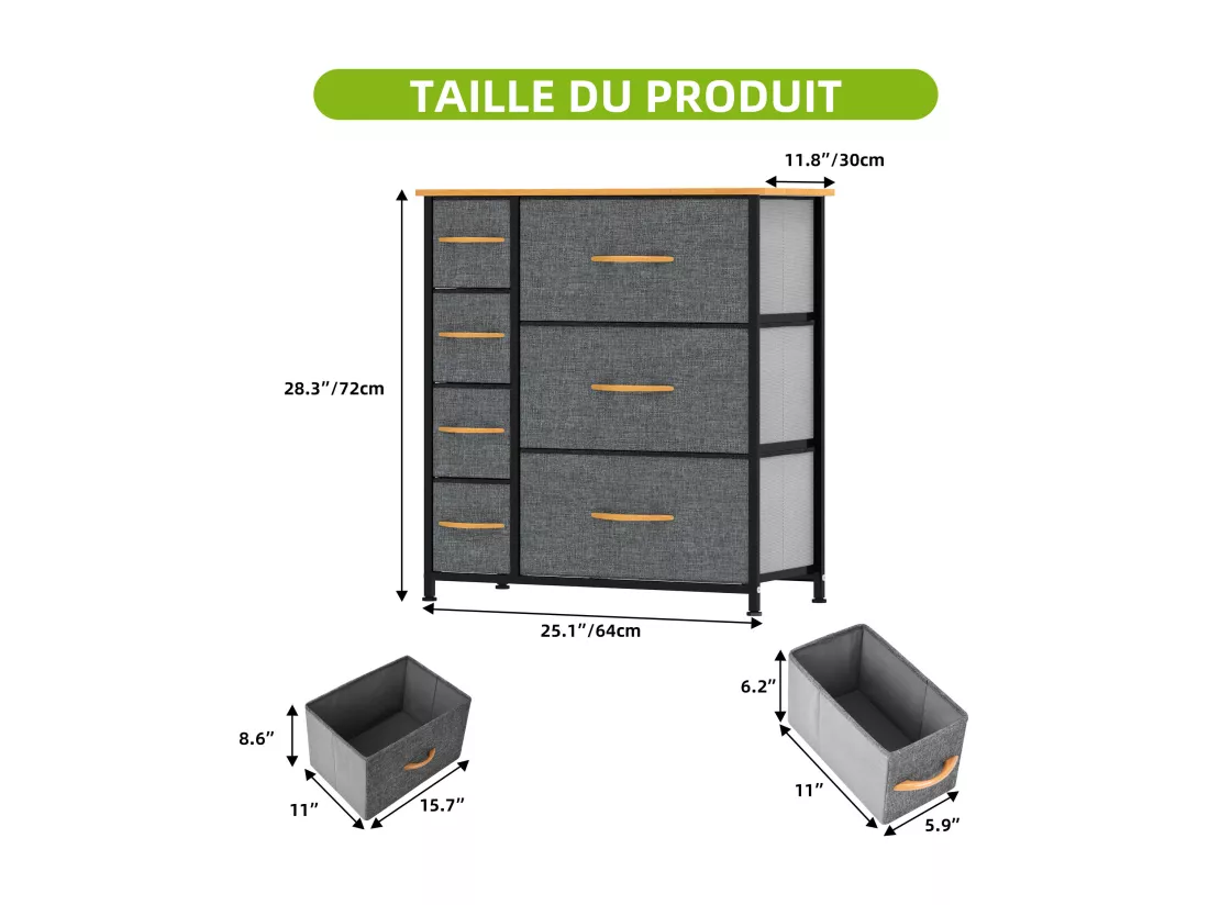 YITAHOME Commode - 7 Tiroirs en Tissu Commode Chambre Meuble de Rangement - Cadre en Métal - Chambre - Salon - Gris Profond