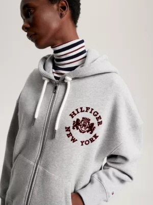 Moletom com capuz e zíper com logo universitário