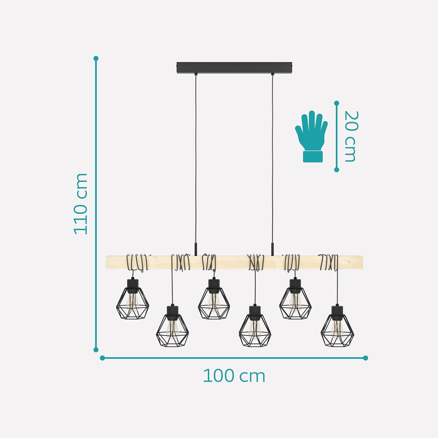 EGLO Pendellampe Townshend 5, 6 flammige Vintage Pendelleuchte im Industrial Design, Retro Hängelampe aus Stahl und Holz, Farbe: Schwarz, braun, Fassung: E27