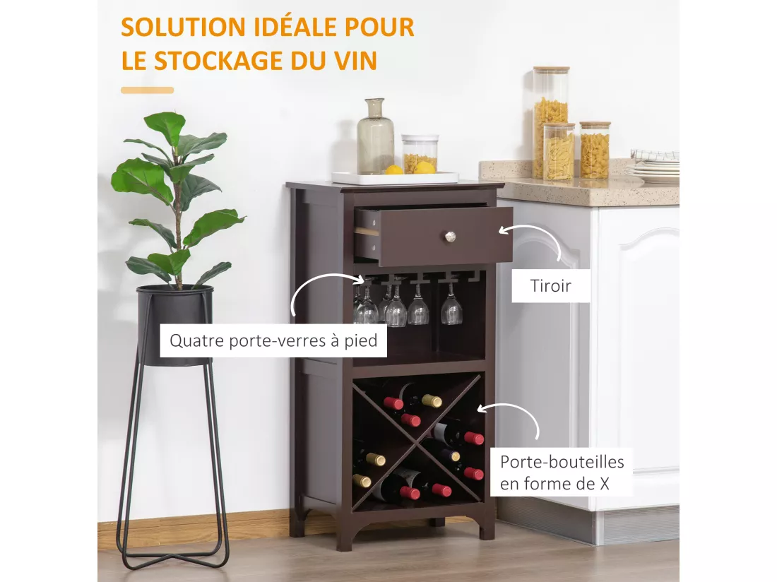 Casier à vin design industriel étagère à bouteilles 12 bouteilles support verres à vin intégré MDF brun foncé