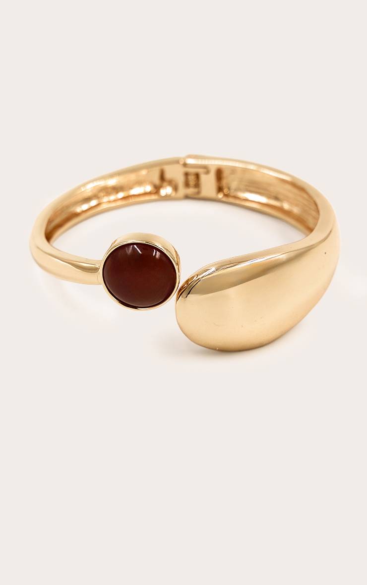 Bracelet Manchette Goutte D'eau Pierre Ambre Lisse Dorée