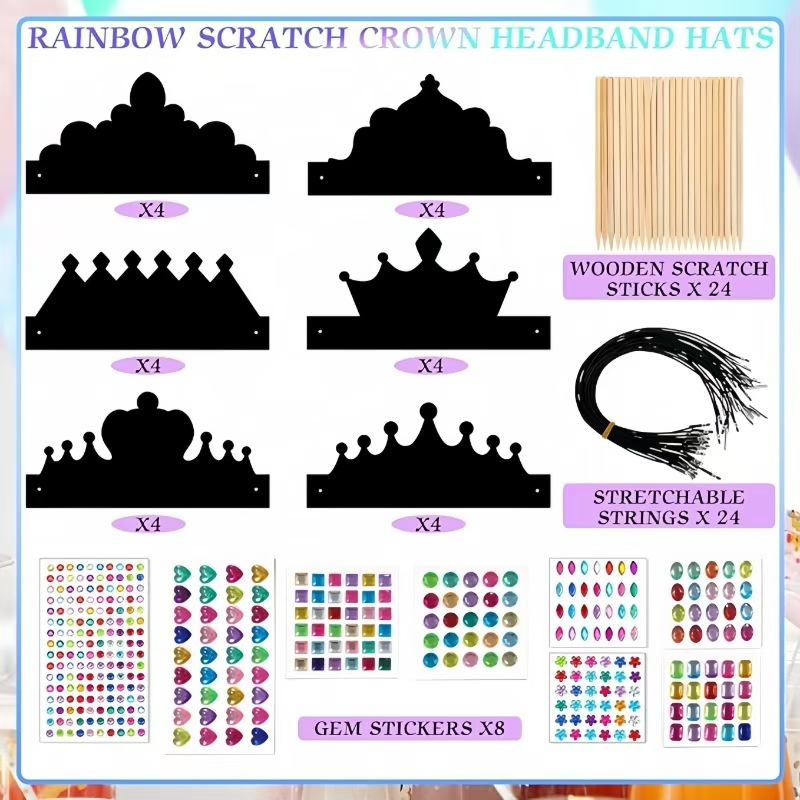 (80-tlg. Set) DIY Kinder Bastel Party Krone Regenbogen Kratzpapier inkl. 3D Edelsteine Sticker / Holzstäbchen / Gummibänder