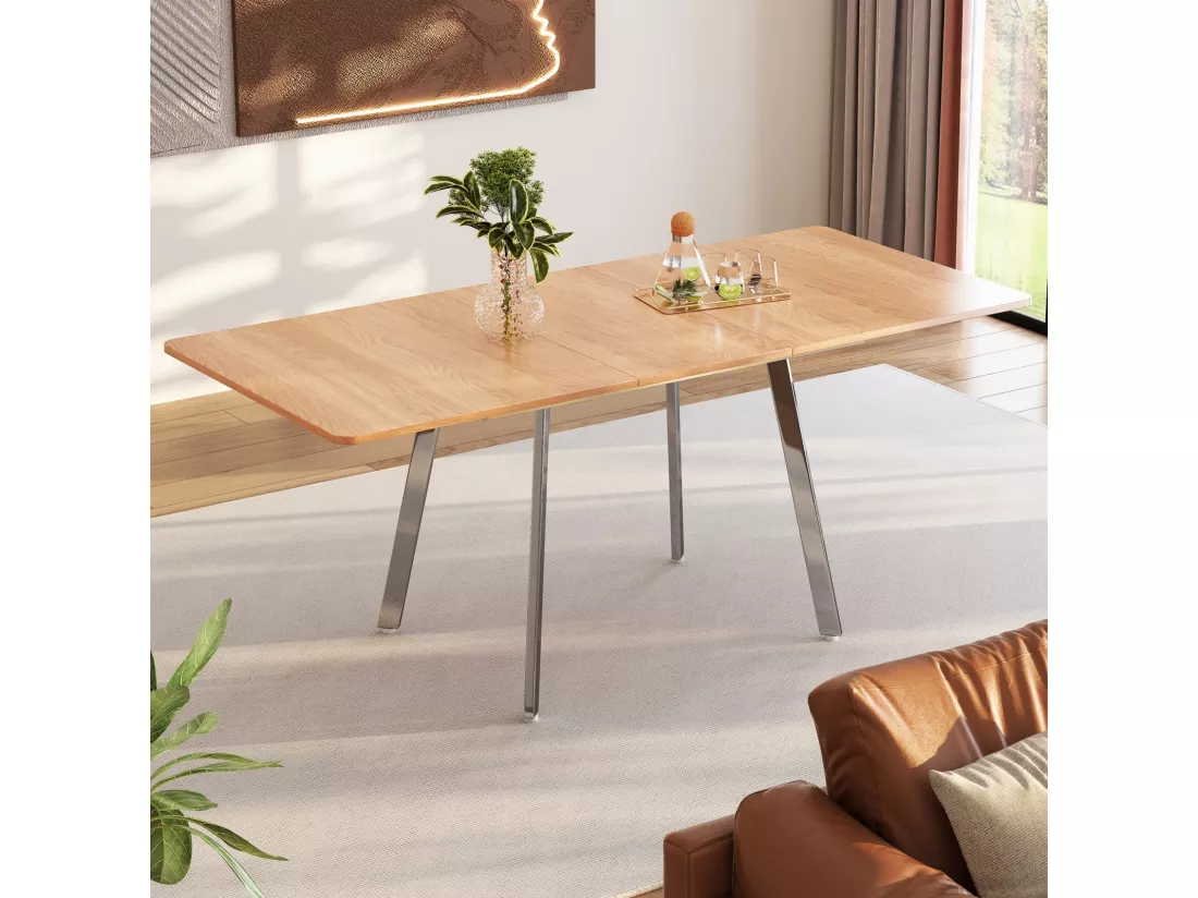 Table à manger extensible en MDF et alliage - 4 à 6 personnes - Naturel et argenté - 140-180x80x75cm