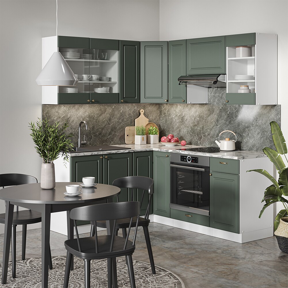 Vicco Eckküche Küchenzeile Einbauküche Fame-Line Landhaus Weiß Grün Gold 190 cm Schubunterschrank Spülenunterschrank Eckunterschrank Herdumbauschrank Hängeglasschrank Hängeschrank
