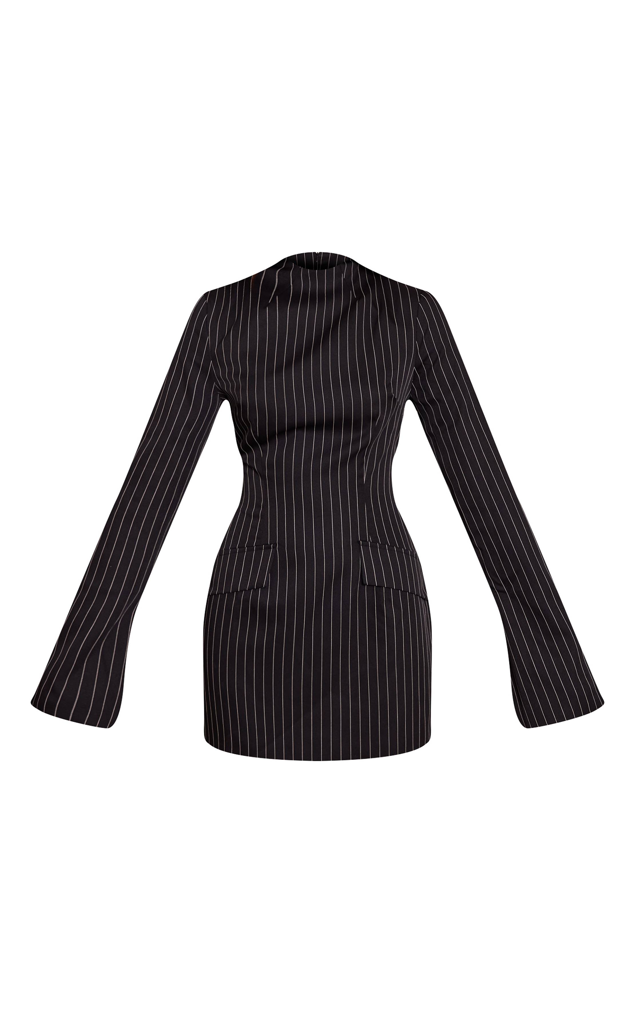 Noir Robe Moulante À Rayures Fines Col Montant Et Manches Évasées