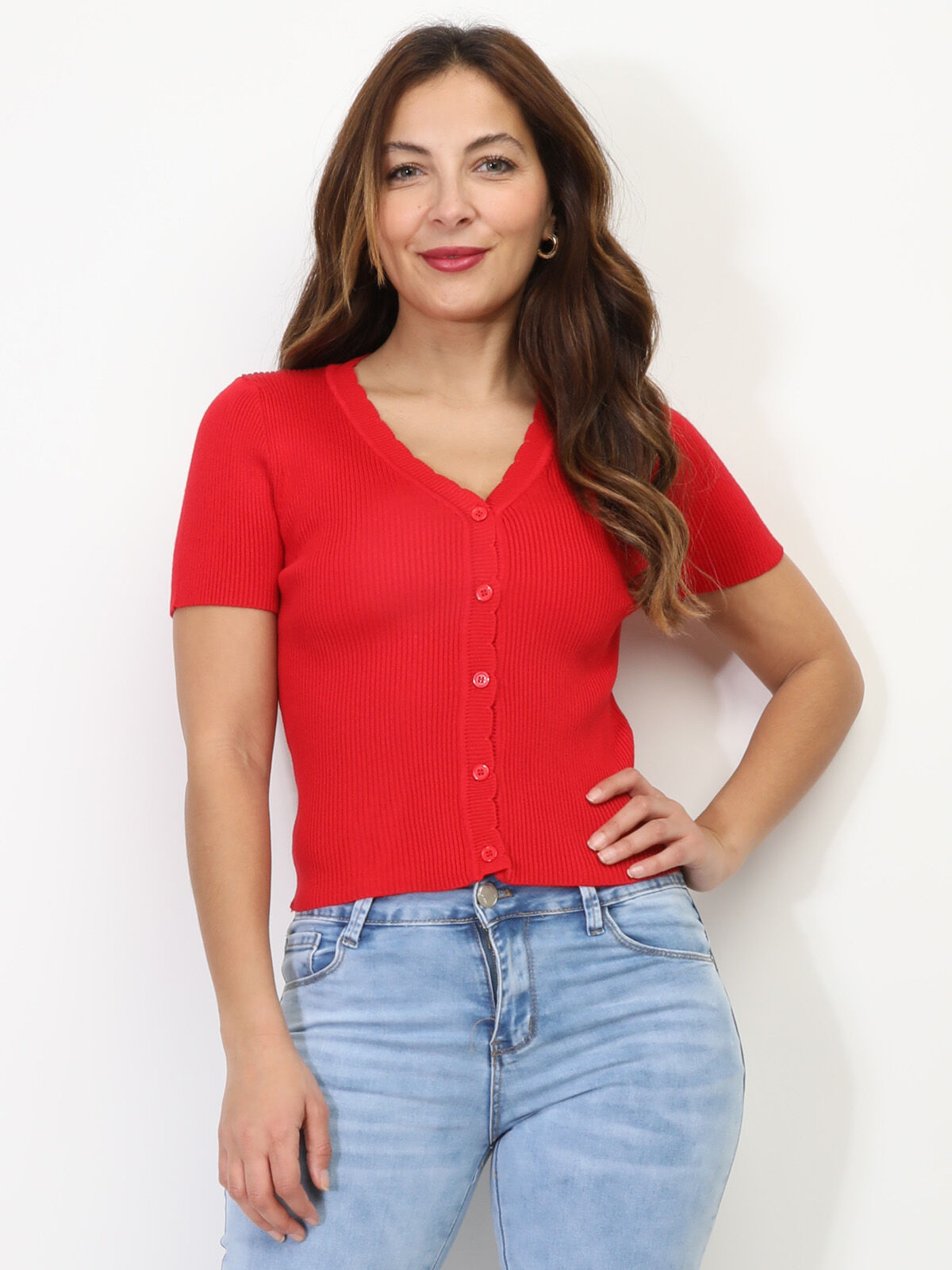 Top en maille côtelée style cardigan- Rouge