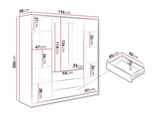 Armoire d'angle 6 portes et 3 tiroirs - Avec miroirs - L311 cm - Blanc + Réhausses - LIZANDRO