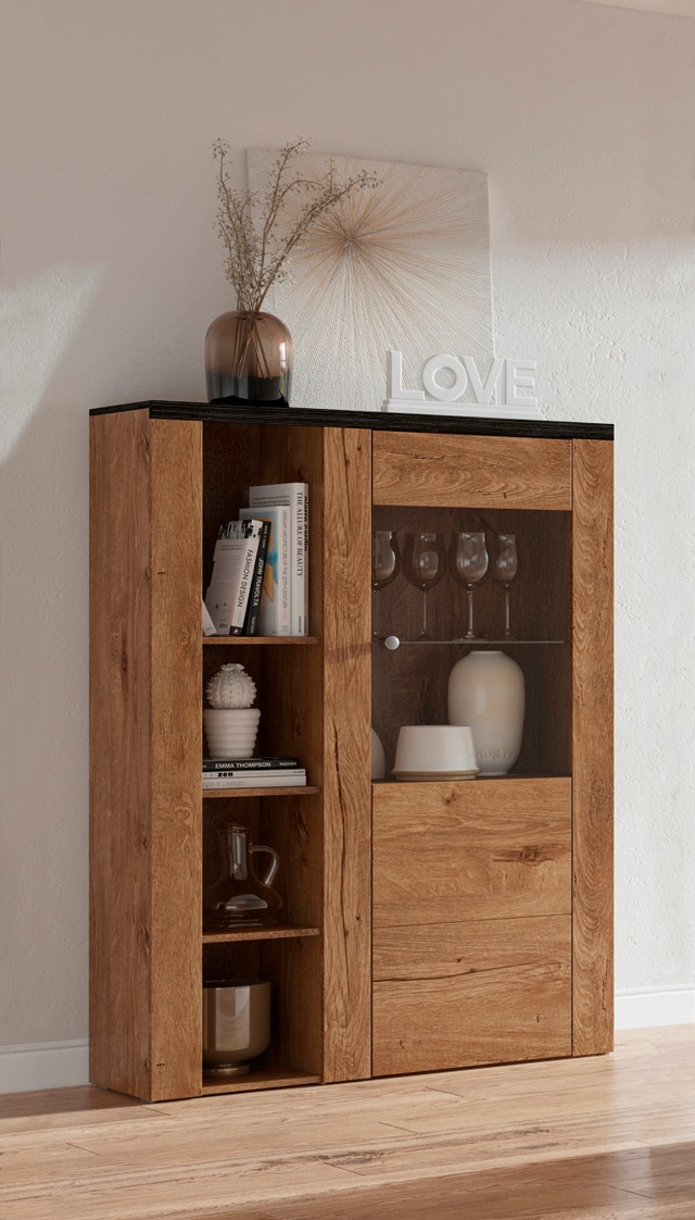 Home affaire Vitrine »Larona, zeitlose Glasvitirne, Hochschrank Höhe 145 cm« Stauraumvitrine mit dekorativer Rahmenoptik,