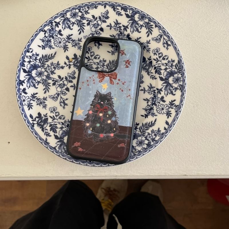 Fonekase - Kerstmis Kat Kunstleren Telefoonhoesje - iPhone 16 Pro Max / 16 Pro / 16 Plus / 16 / 15 Pro Max / 15 Pro / 15 Plus / 15 / 14 Pro Max / 14 Pro / 14 Plus / 14 / 13 Pro Max / 13 Pro / 13 / 13 Mini
