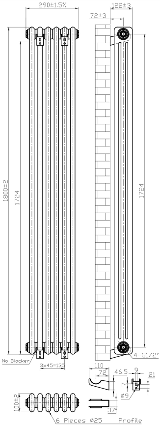 Eastbrook Imperia 3 koloms radiator 30x180cm 1608W wit glans