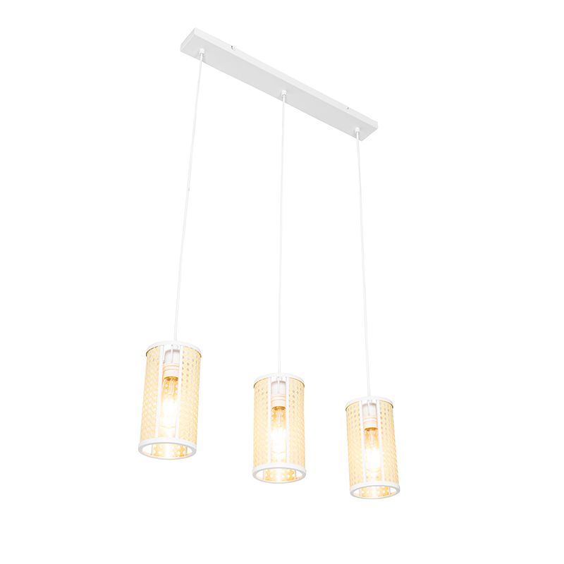 Oosterse hanglamp wit met rotan 3-lichts langwerpig - Akira