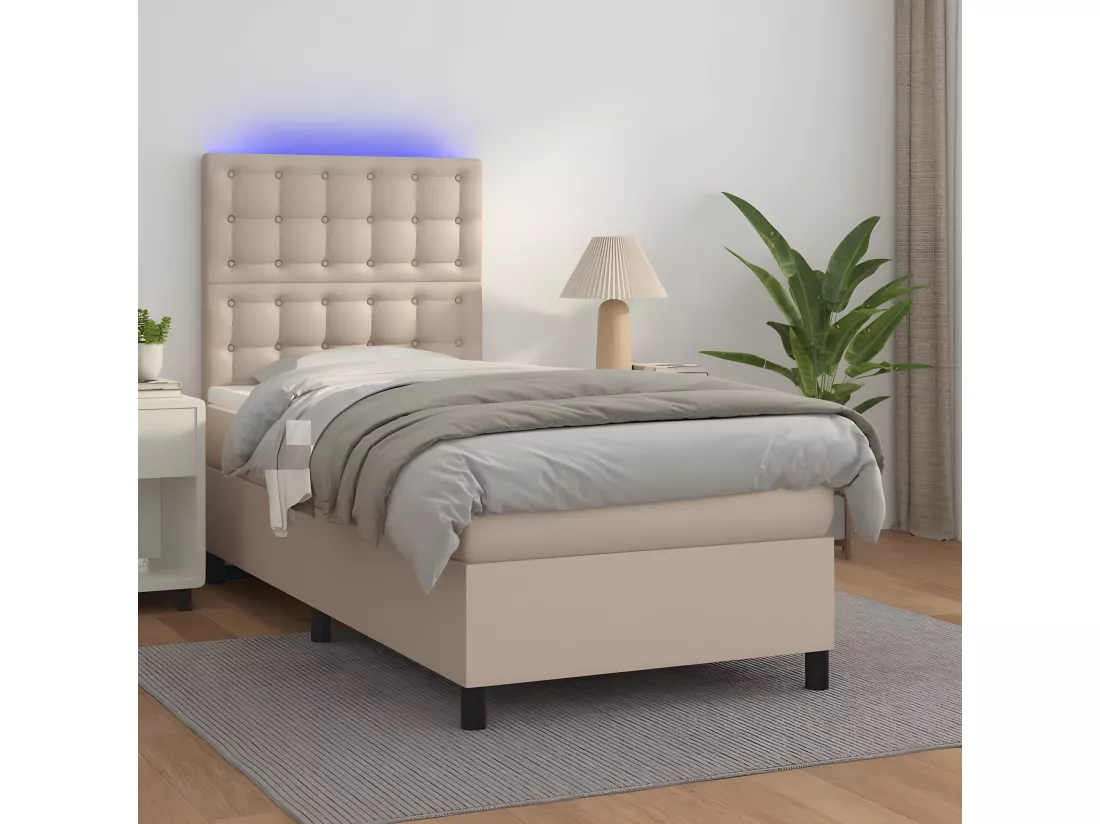 Sommier tapissier matelas et LED Cappuccino 90x200cm Similicuir