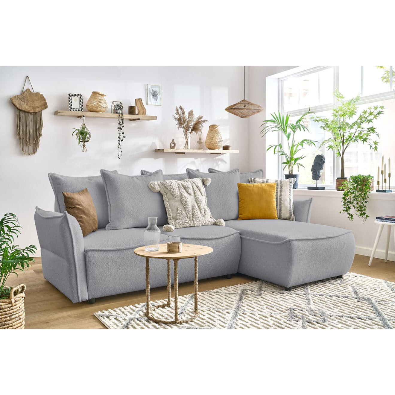 Bobochic Canapé d'angle droit convertible bouclette Léon gris clair - 242x158x90 cm