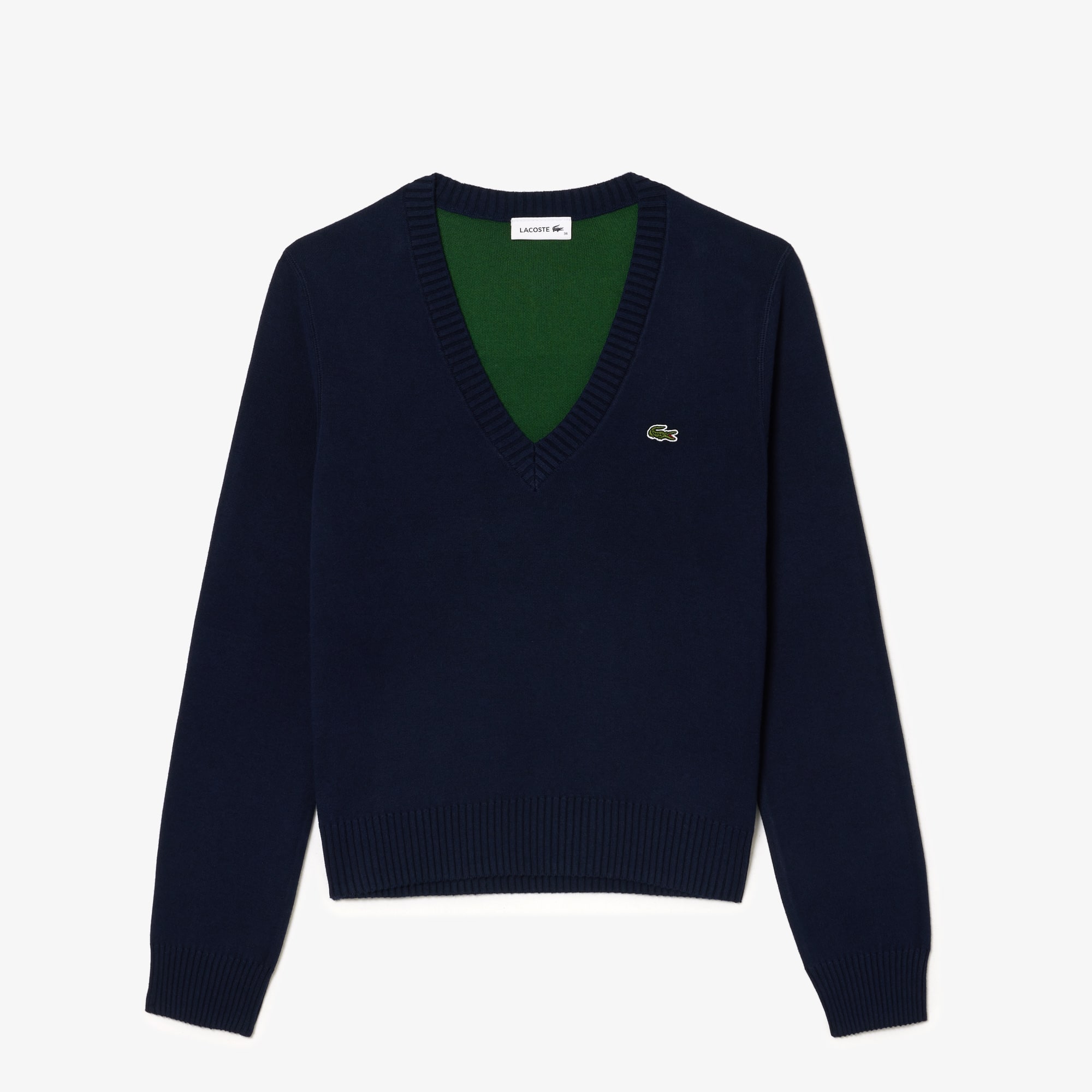 Pull col V en double face de coton Pullovers - Bleu - Lacoste - Femme
