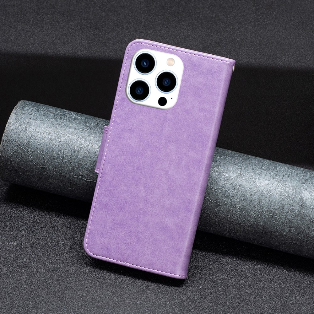 iPhone 15 Pro Leder Tasche mit Kartenfach   Handschlaufe Schmetterling - Lila