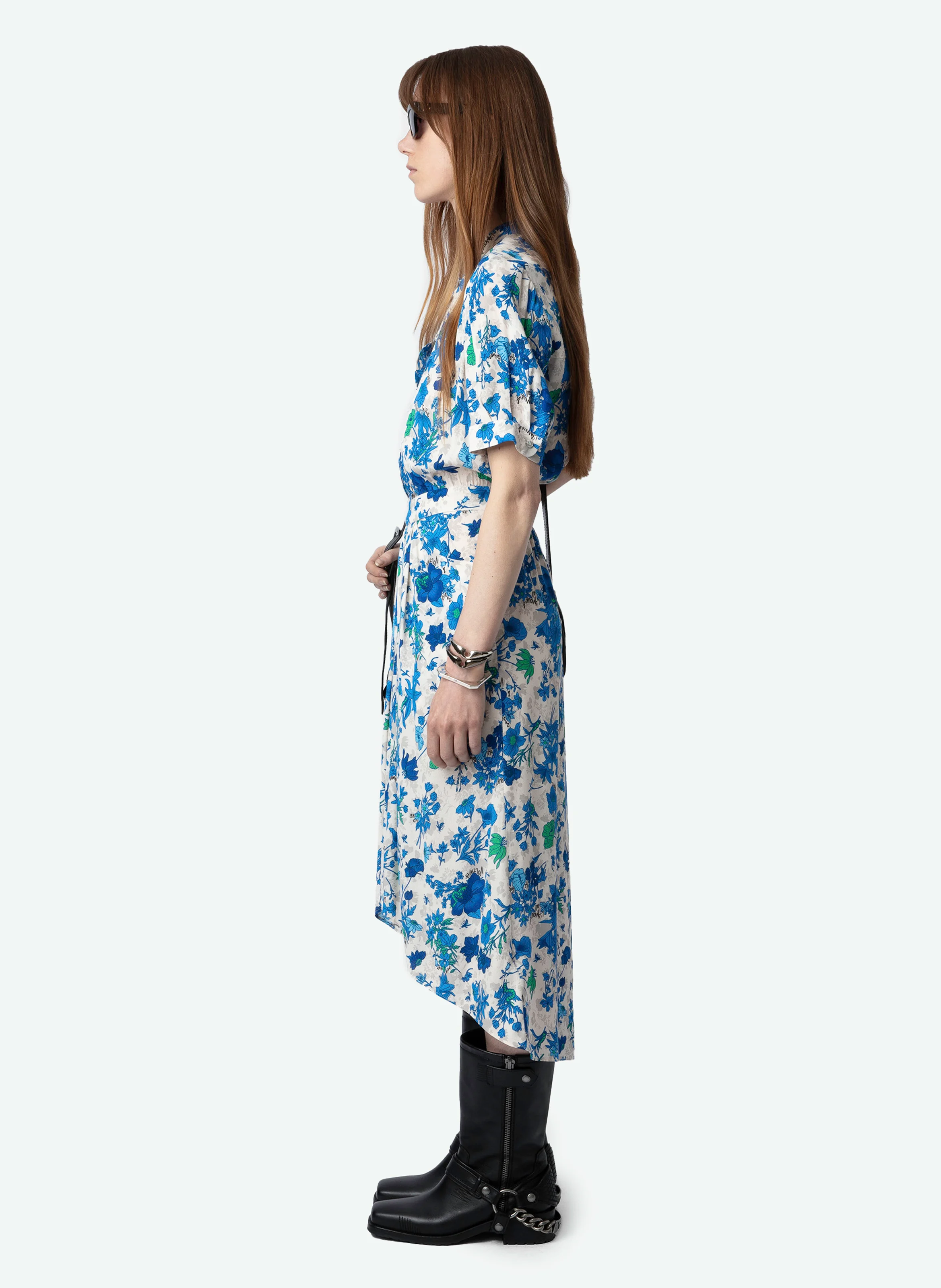 RIMA - Robe longue droite col rond imprimée | Blanc