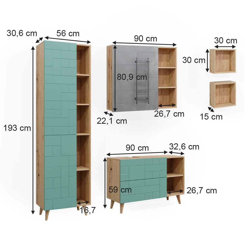 Vicco Badmöbel-Set Rudi in Eiche Evoke Mintgrün, Badezimmer, moderne Badserie Waschbeckenunterschrank Spiegelschrank Hochschrank Wandregal