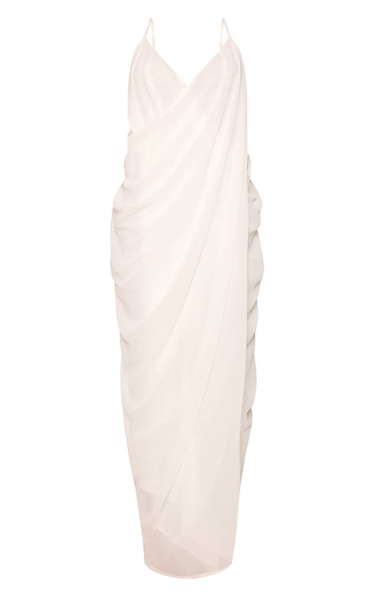 Blanc Robe Longue En Mousseline À Décolleté Plongeant Avec Drapé Devant Et Dos Nu Fendu
