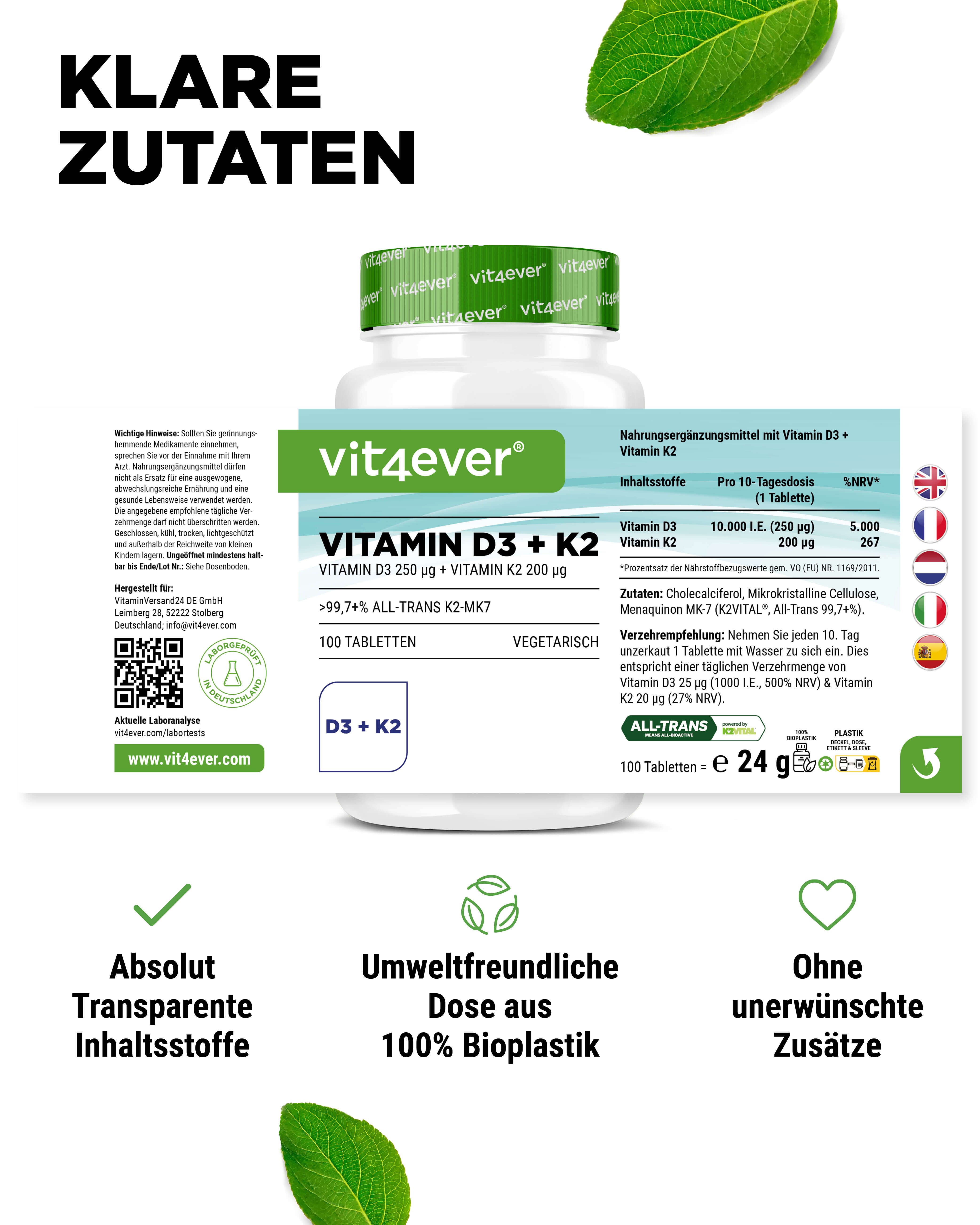 vit4ever Vitamin D3 10.000 I.E. + Vitamin K2 200 mcg