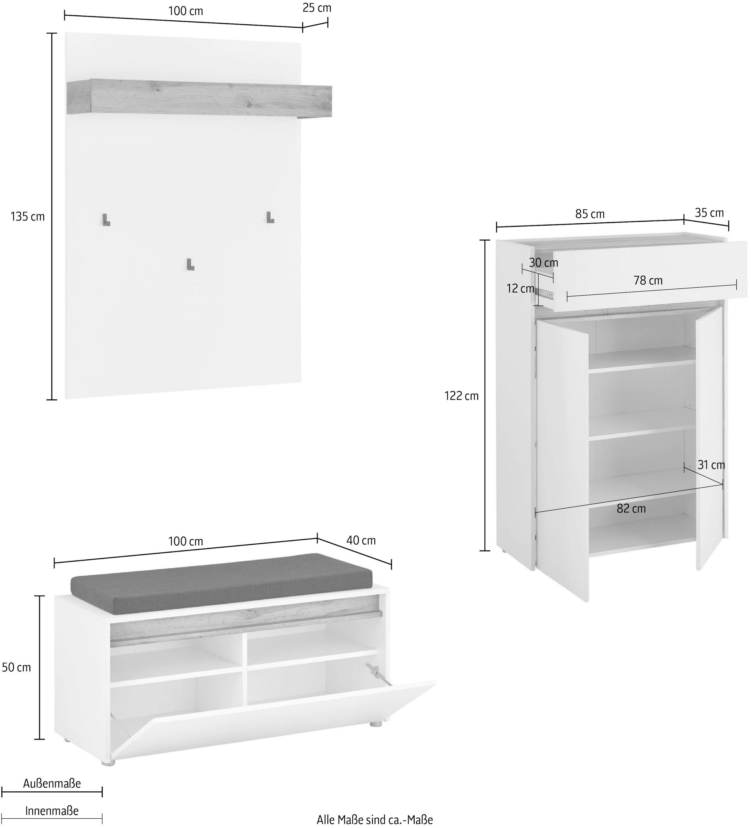 INOSIGN Garderoben-Set »City/Giron, moderne Garderobe, viel Stauraum, ca. 24 Schuhe« Set, 3 Stk. tlg.