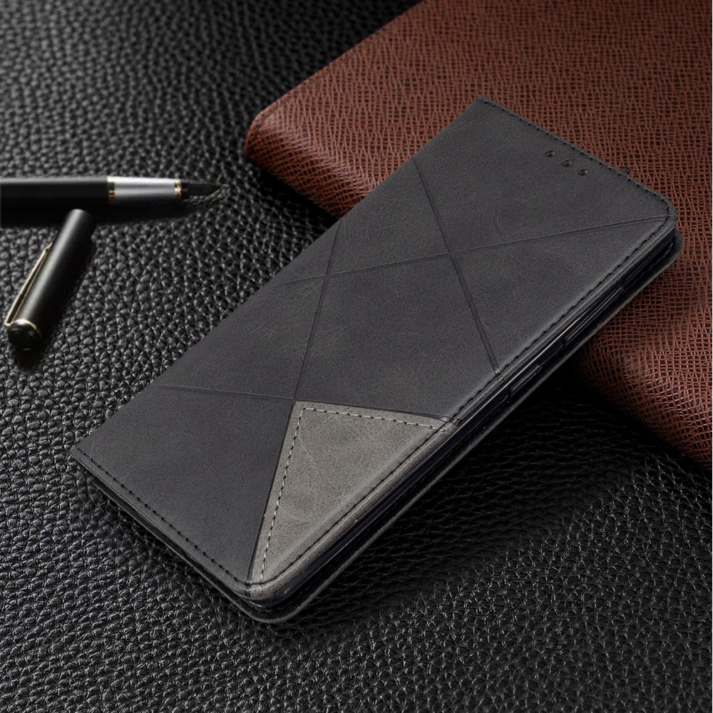Samsung Galaxy A41 Leder Tasche Flip Cover mit Kartenfächern Geometrisches Design - Schwarz
