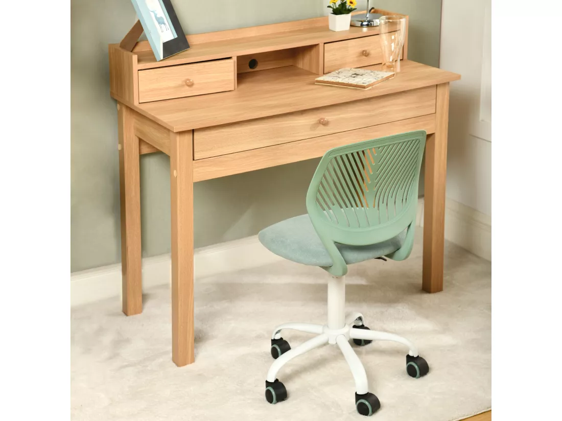 URBAN MEUBLE Bureau scandinave bois nature avec tiroirs et rangement avec strcture en bois 100*50*75.5-90.5cm